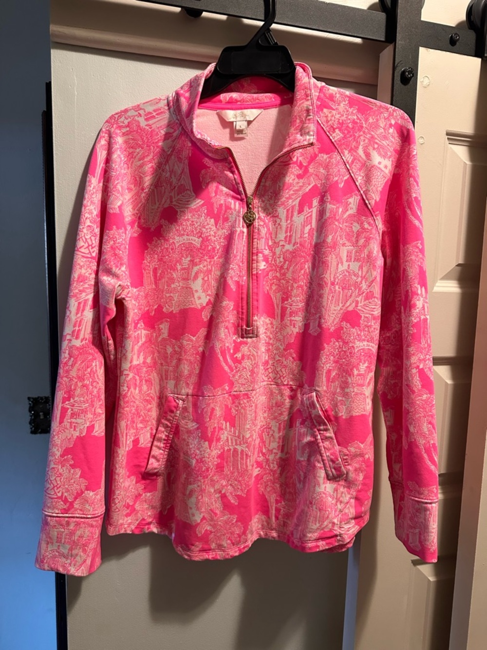 Lilly Pulitzer Hot Pink Printed Half-Zip Pullover with Gold Zipper
